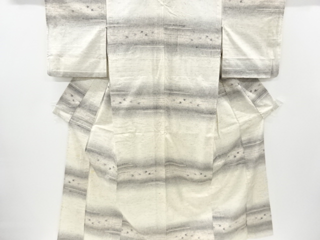 アンティーク　米沢ぜんまい紬横段に絣柄織り出し単衣着物
